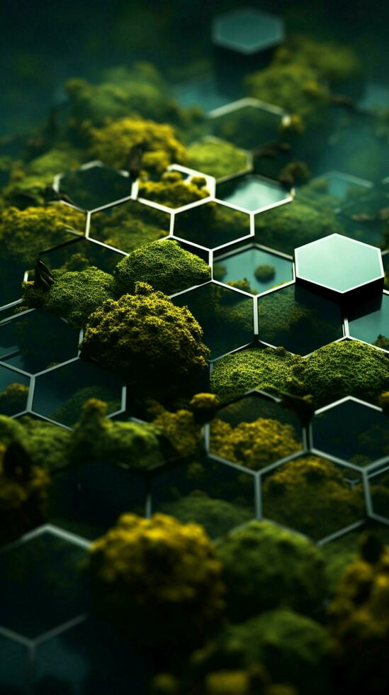 naturinspirerad grön hexagoner utstråla på en lugn med skogstema bakgrund. vertikal mobil tapet ai genererad foto