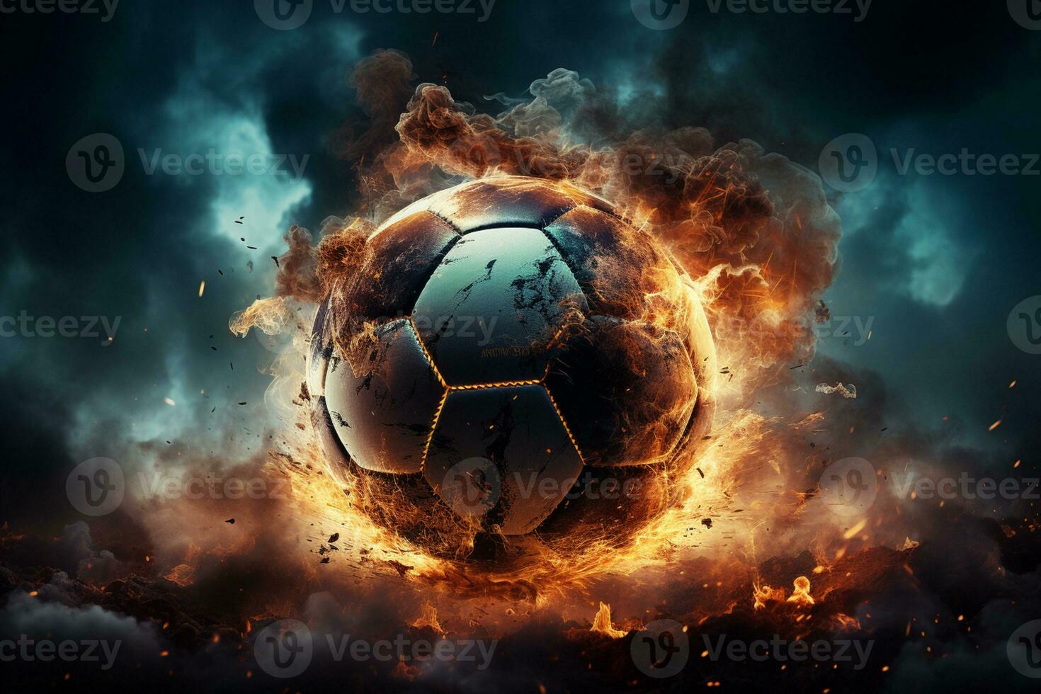 gåtfull scen, fotboll boll mitt i stadion rök, en duk för fantasifull begrepp ai genererad foto