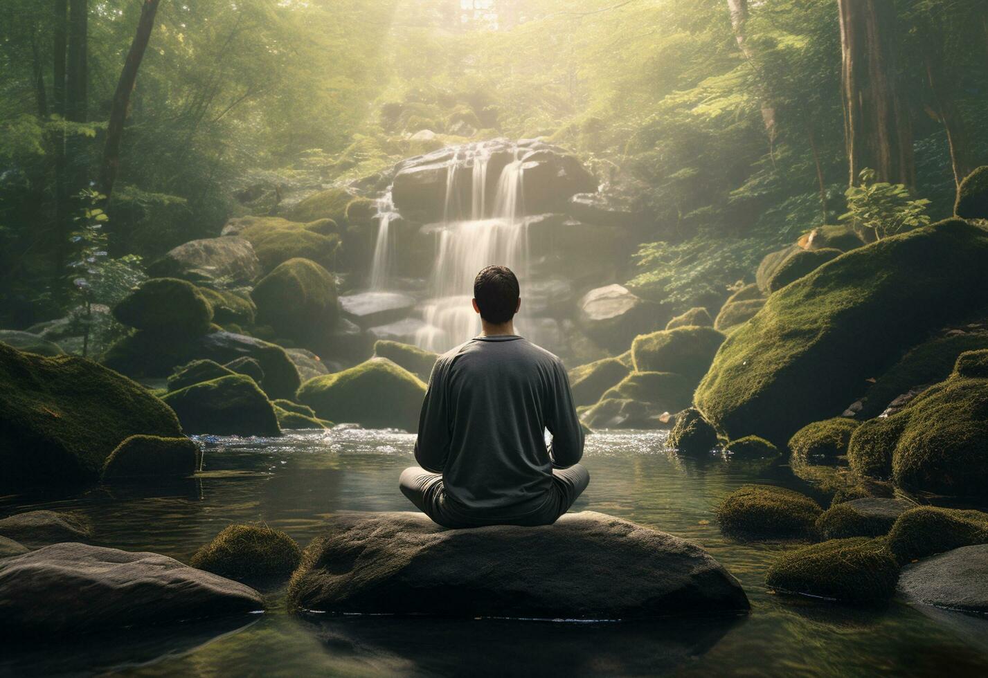 ai generativ Foto av en man praktiserande mindfulness och meditation i en fredlig naturlig miljö sony a7s realistisk bild, ultra hd, hög design mycket detaljerad