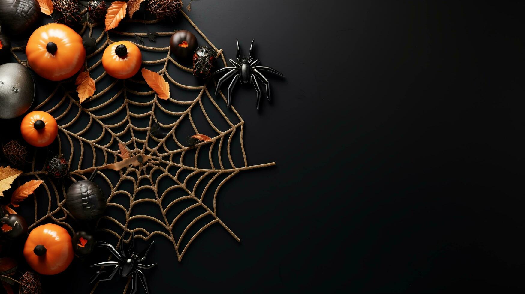 spindlar mot en mörk halloween platt lägga attrapp av de bakgrund, ai genererad foto