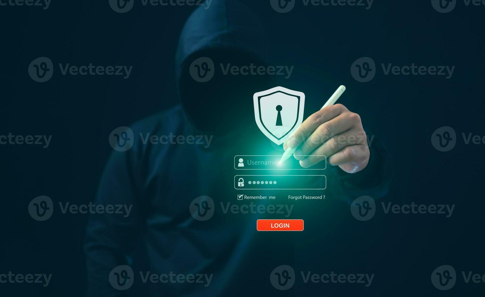 hacker pekande penna på logga in skärm på en mörk bakgrund. begrepp av information säkerhet i internet nät och spionage. nätverk spionage. virus ge sig på. hacker ge sig på. foto
