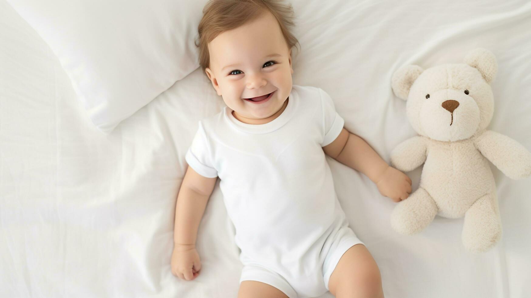 en tom tömma vit bebis kroppsdräkt, liggande i en vit säng, leende, ai genererad foto
