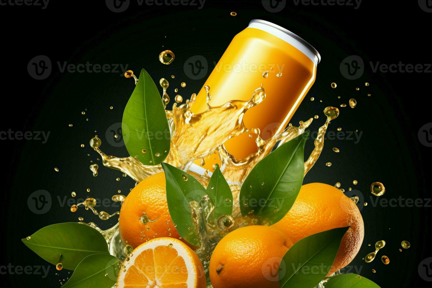 isolerat aluminium orange soda kan mitt i flygande, defokusering orange skivor och löv ai genererad foto