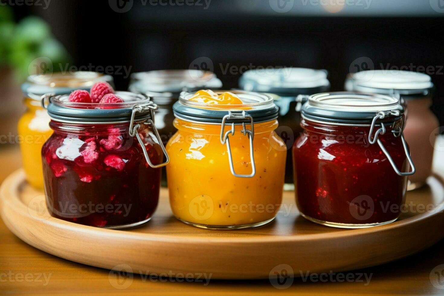 trä- tallrik närbild kvinna utställningar vibrerande frukt sylt i glas burkar en sensorisk glädje ai genererad foto