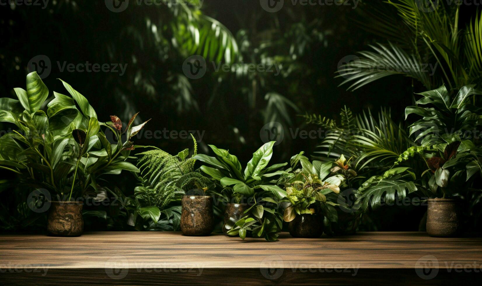 realistisk 3d ek trä tabell med tropisk löv för produkt täcka över ai genererad foto