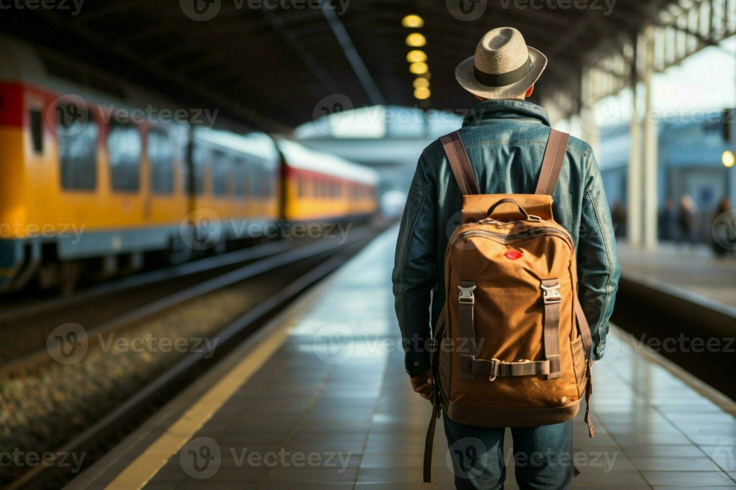 scott skjorta resande med en blå ryggsäck, bagage, och hatt på de tåg station ai genererad foto