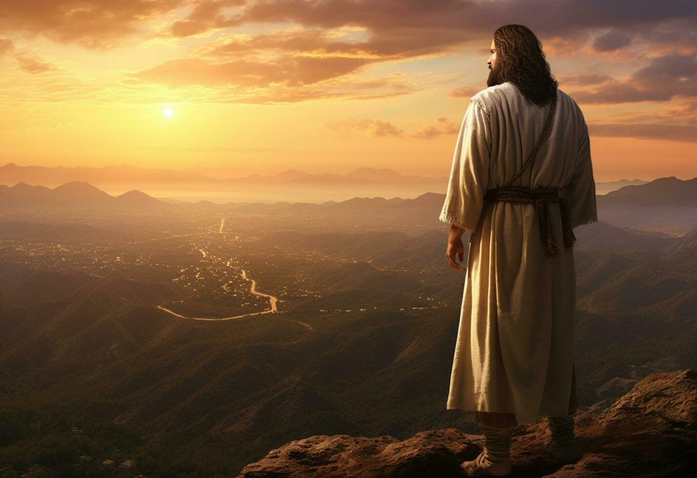 ai generativ Jesus christ i de kullar på solnedgång i bolta realistisk bild, ultra hd, hög design mycket detaljerad 8 K foto