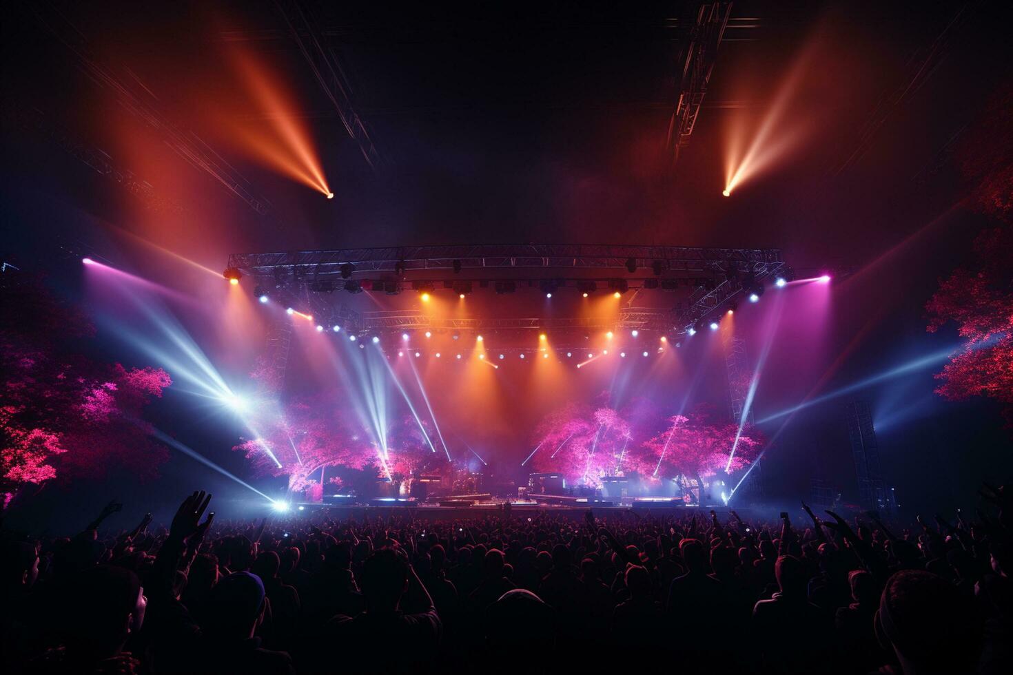 ai generativ fullt med folk konsert skede landskap med spotlights och färgad lampor realistisk bild, ultra hd foto