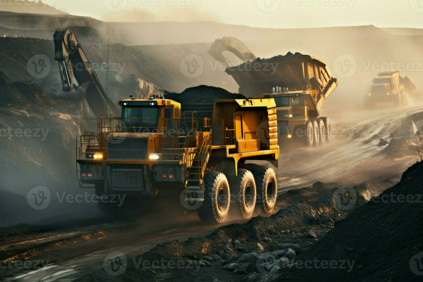 livliga kol mina tung lastbilar, grävmaskiner definiera landskap av aktiva brytning industri. ai genererad foto