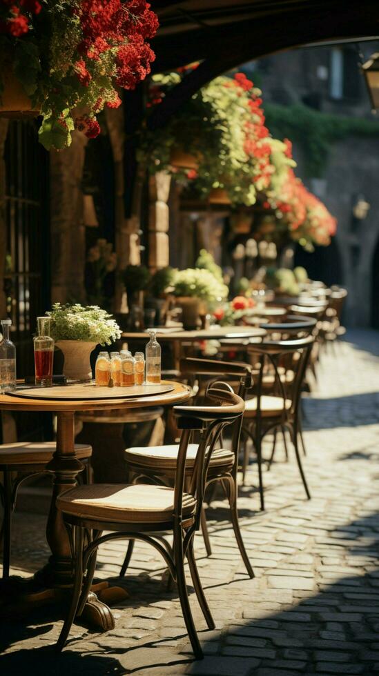 njuter de sommar på ett italiensk inspirerad utomhus- Kafé med stil vertikal mobil tapet ai genererad foto