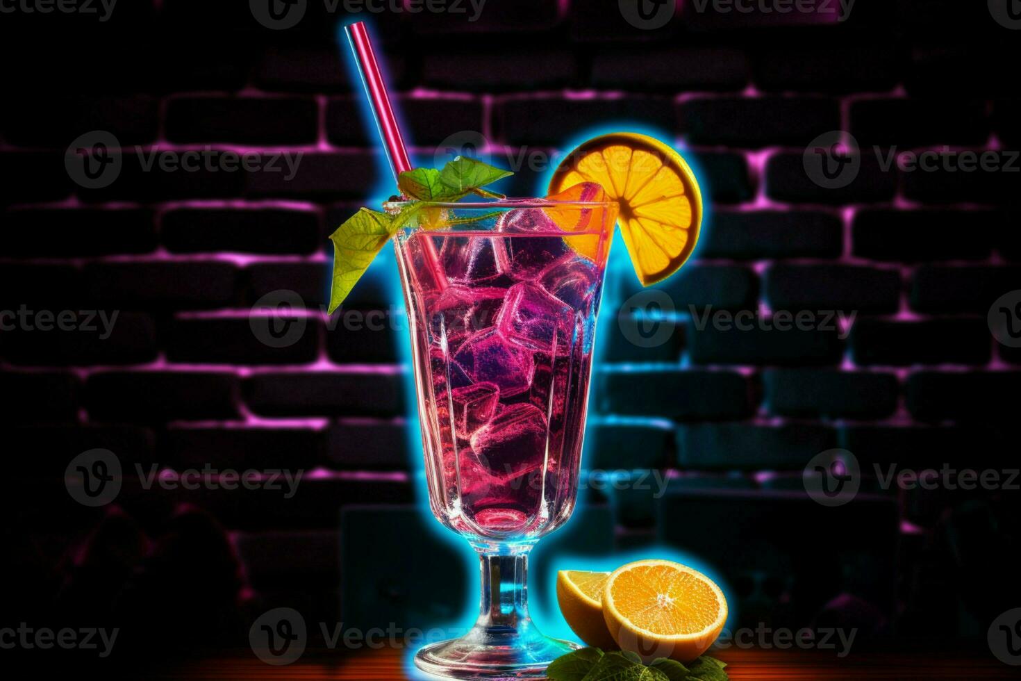 neon törst släckare en tecken tänds en cocktail garnerad med en miniatyr- paraply ai genererad foto