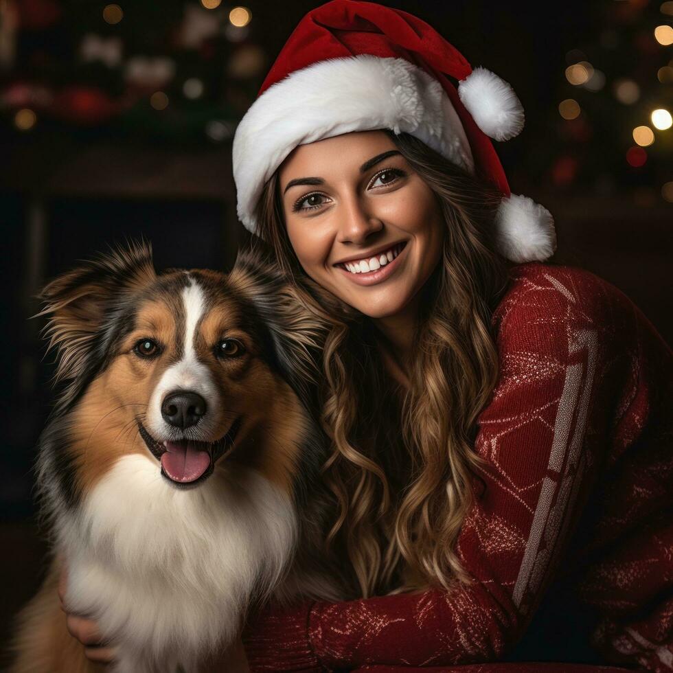 Lycklig hund Framställ i en santa hatt med hans ägare foto