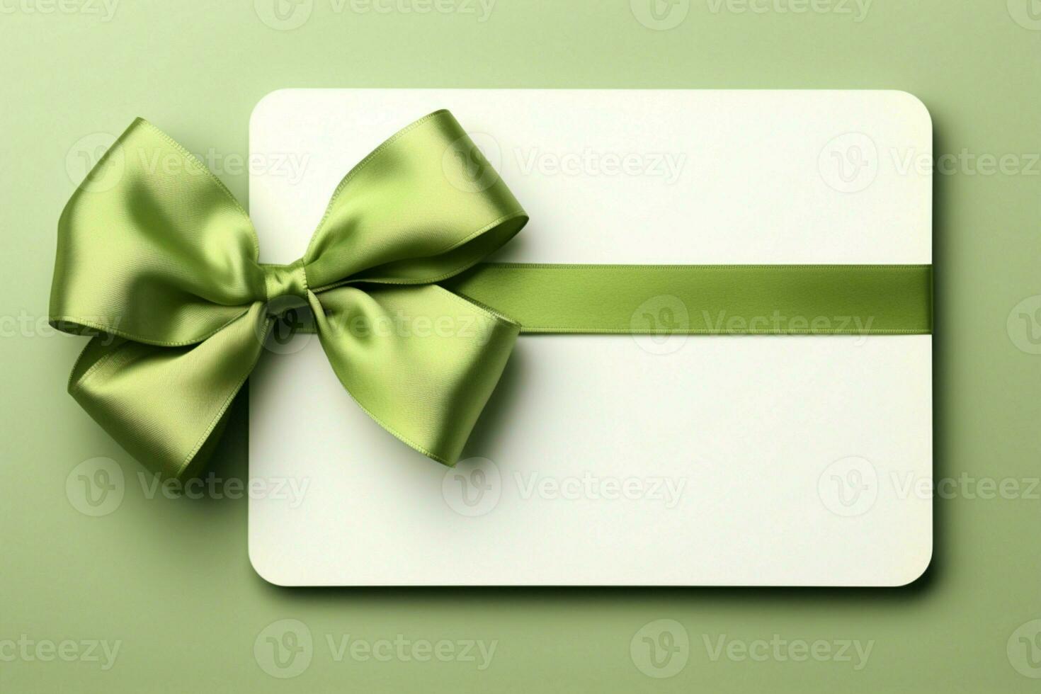 enslig vit bakgrund ställer ut gåva kort, terar delikat grön band rosett. ai genererad foto