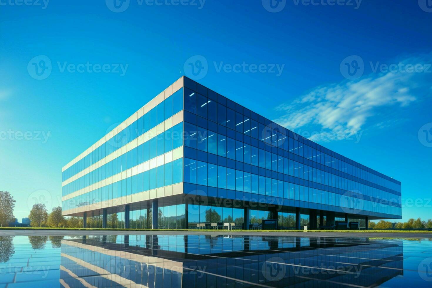 samtida företags- kontor mot blå himmel en modern symbol av företag förträfflighet. ai genererad foto