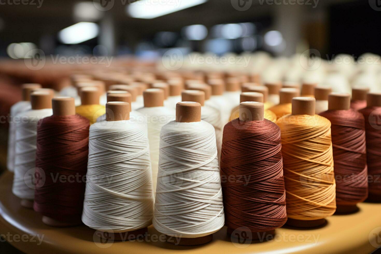 spole fylld hyllor monter vit bomull garn i de textil- fabrik ai genererad foto