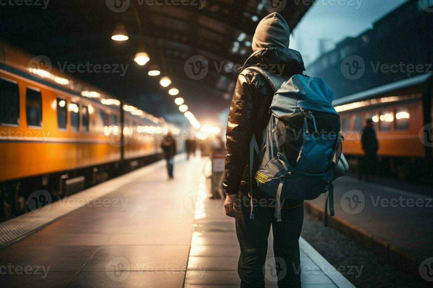 ensam men fast besluten, en resande med en ryggsäck promenader genom de tåg station ai genererad foto