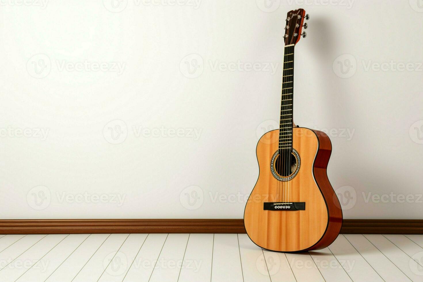 musikalisk harmoni akustisk gitarr och nycklar lagd platt på en ren vit bakgrund. ai genererad foto