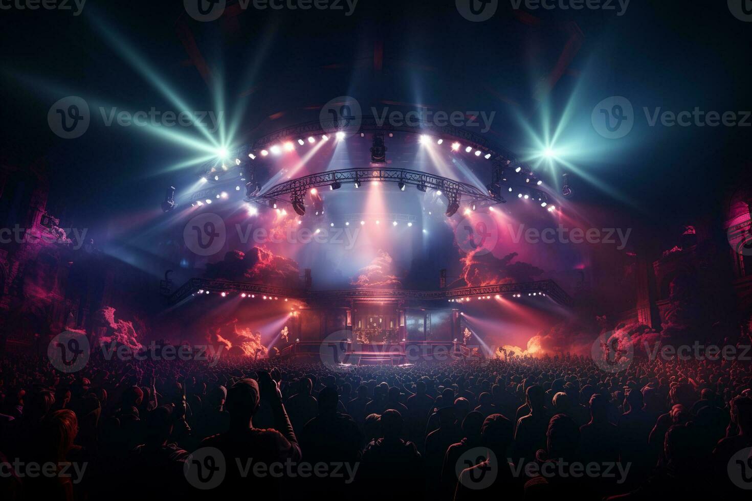 ai generativ fullt med folk konsert skede landskap med spotlights och färgad lampor realistisk bild, ultra hd foto