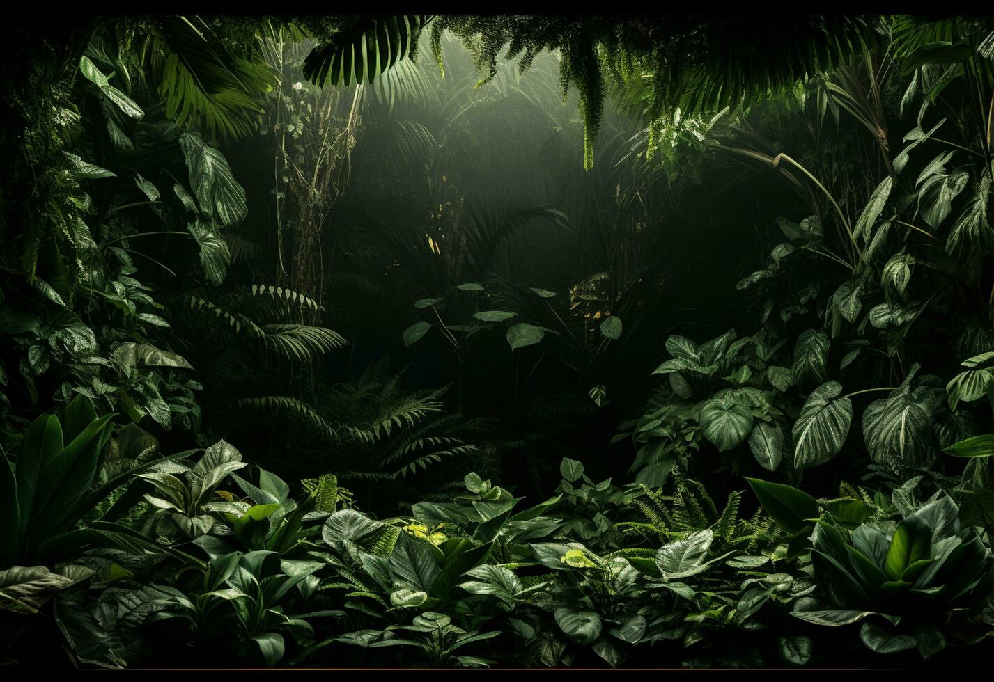 ai generativ skön djungel bakgrund med gräns tillverkad av tropisk löv bakgrund med kopia Plats foto