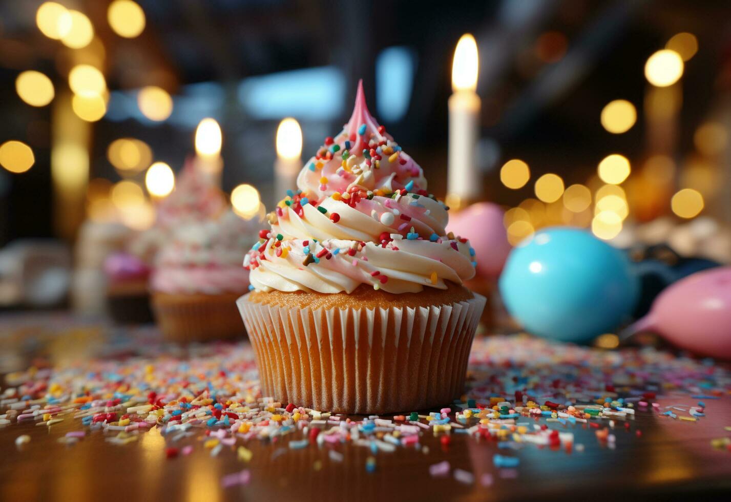 ai generativ födelsedag muffins med fläck bakgrund färgrik ballonger realistisk bild, ultra hd, hög design mycket foto