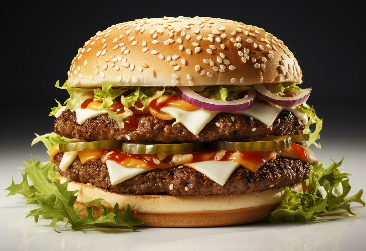 ai generativ dubbel- hamburgare isolerat på vit bakgrund färsk burger snabb mat med nötkött och grädde ost realistisk bild, ultra hd, hög design mycket detaljerad foto