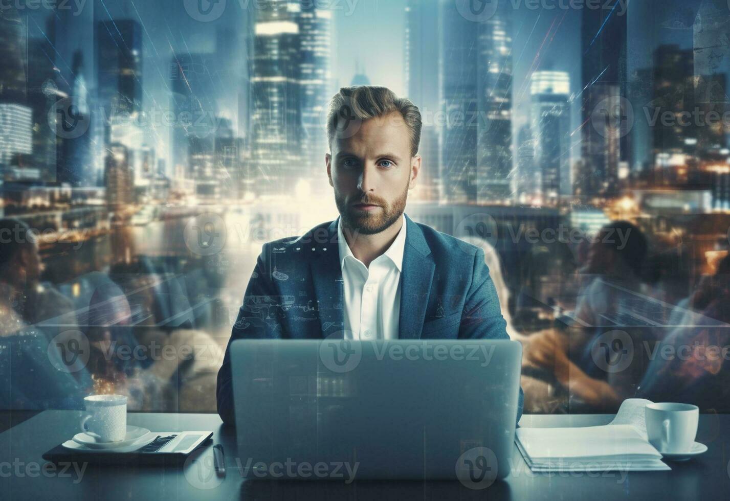 ai generativ dubbel- exponering Foto av en företag man använder sig av bärbar dator på hans skrivbord främre se kontor bakgrund realistisk bild, ultra hd, hög design mycket detaljerad