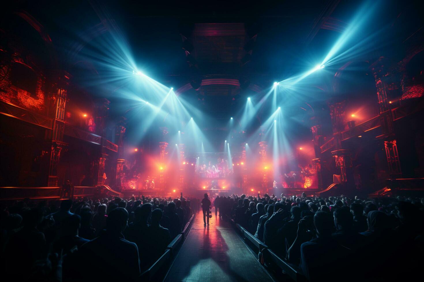 ai generativ fullt med folk konsert skede landskap med spotlights och färgad lampor realistisk bild, ultra hd foto