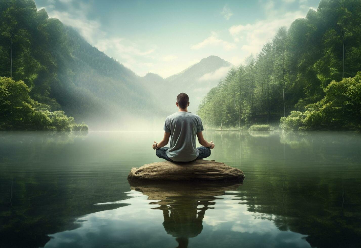 ai generativ Foto av en man praktiserande mindfulness och meditation i en fredlig naturlig miljö sony a7s realistisk bild, ultra hd, hög design mycket detaljerad
