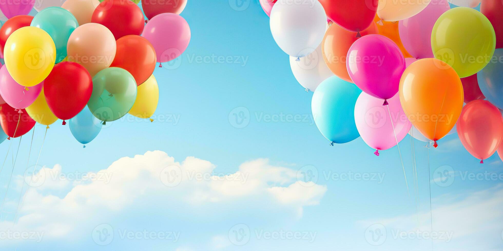 ai genererad. ai generativ. många helium ballonger bollar i de blå himmel flygande bakgrund. grafisk konst foto