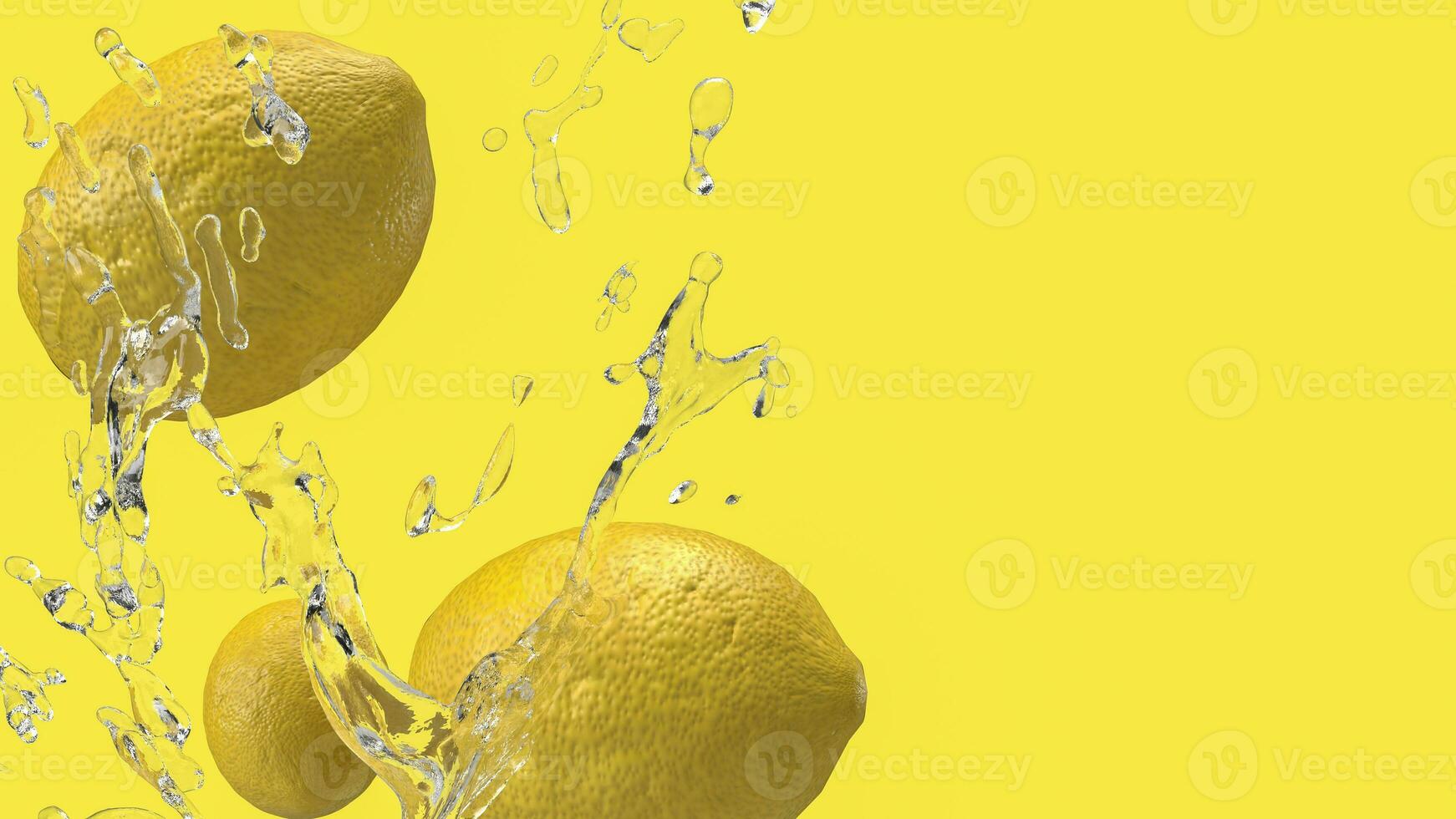 de citron- och vatten stänk på gul bakgrund för mat eller dryck begrepp 3d tolkning foto