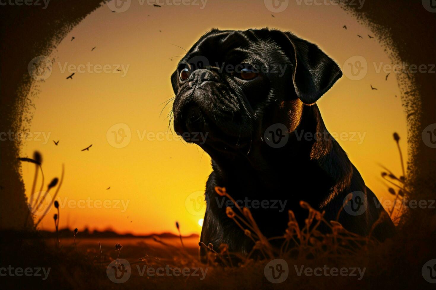 en mops hundar silhuett mot en solnedgång, digitalt återges med värme ai genererad foto