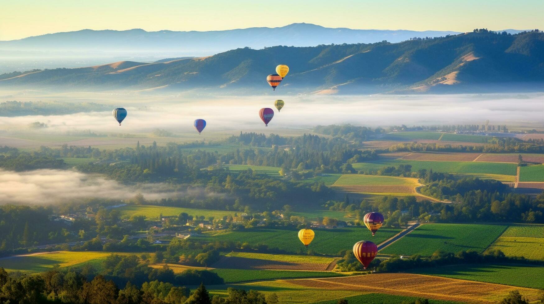 en grupp av varm luft ballonger flygande över en skog , generativ ai foto