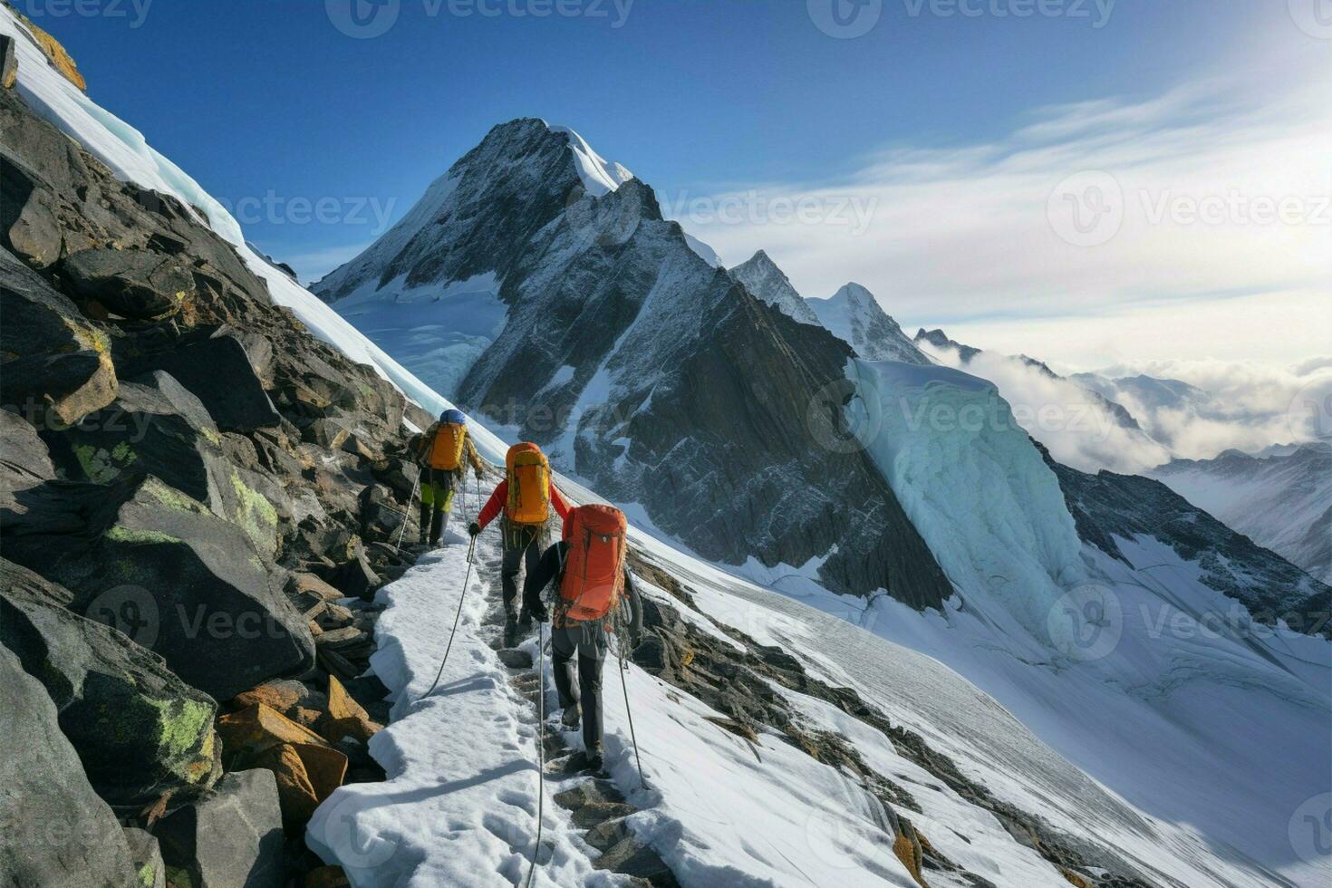 framåt, alpinister erövra de utmanande sluttningar av grossglockner berg ai genererad foto