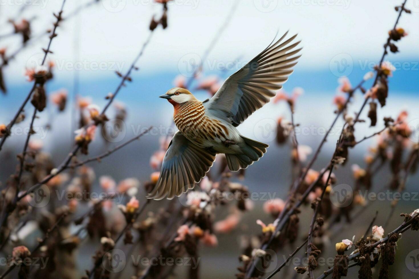 en gyllene fasan mitt i körsbär blommar, gazing på zhangjiajies majestätisk bergen ai genererad foto