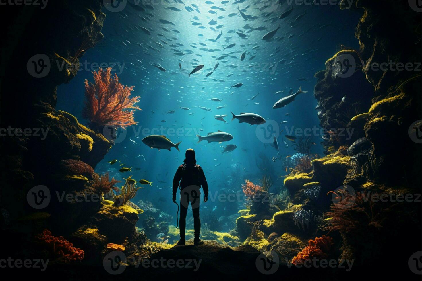 en man beundrar ett enorm akvarium myllrande med färgrik fisk ai genererad foto