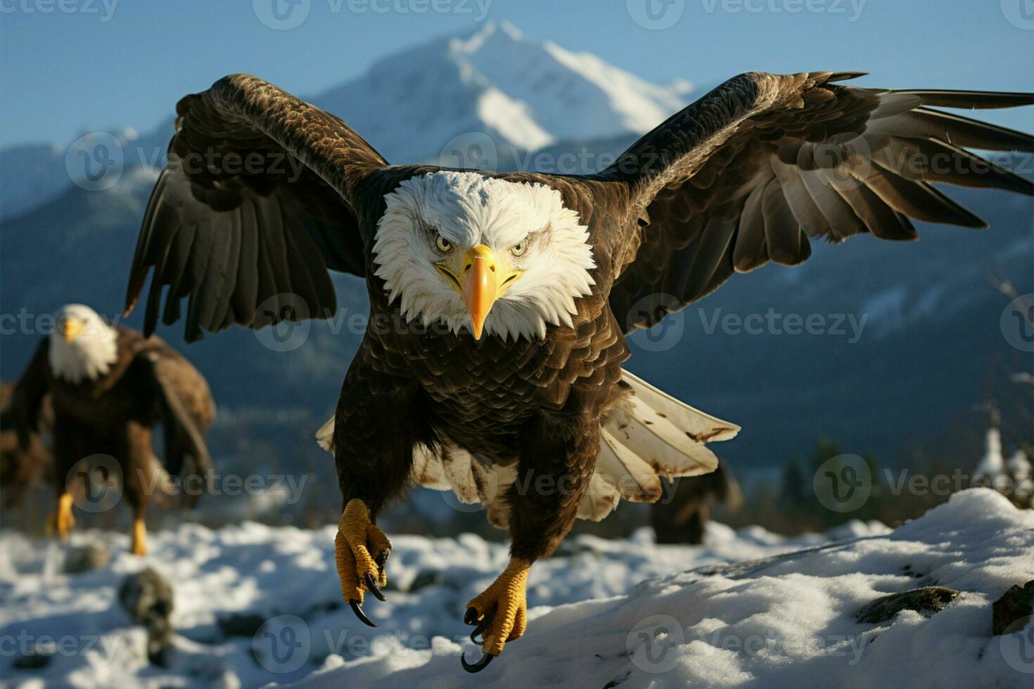 eagles stänga upp antenn förmåga visat upp i både flyg och landning ai genererad foto