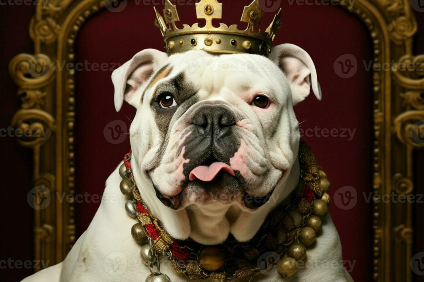 kunglig Rör på söt vit bulldogg med guld krona, röd sammet ai genererad foto