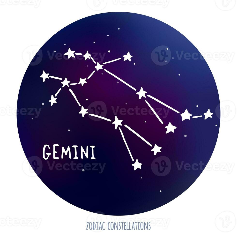 gemini vektor tecken. stjärntecken konstellation tillverkad av stjärnor på Plats bakgrund. foto