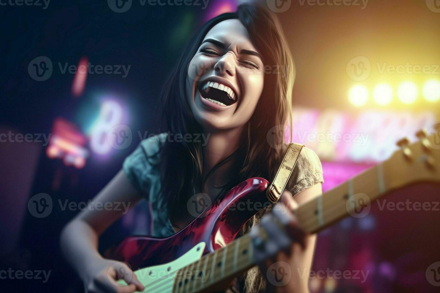 kvinna spelar gitarr elektrisk. generera ai foto