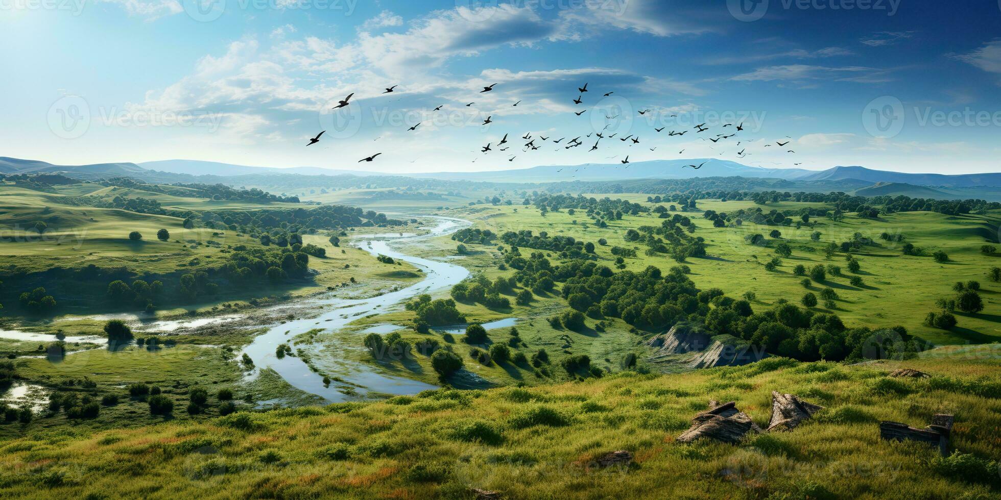 ai genererad. ai generativ. Fantastisk antenn Drönare se natur utomhus- skog fält äng med flod och fåglar i de himmel. grafisk konst foto