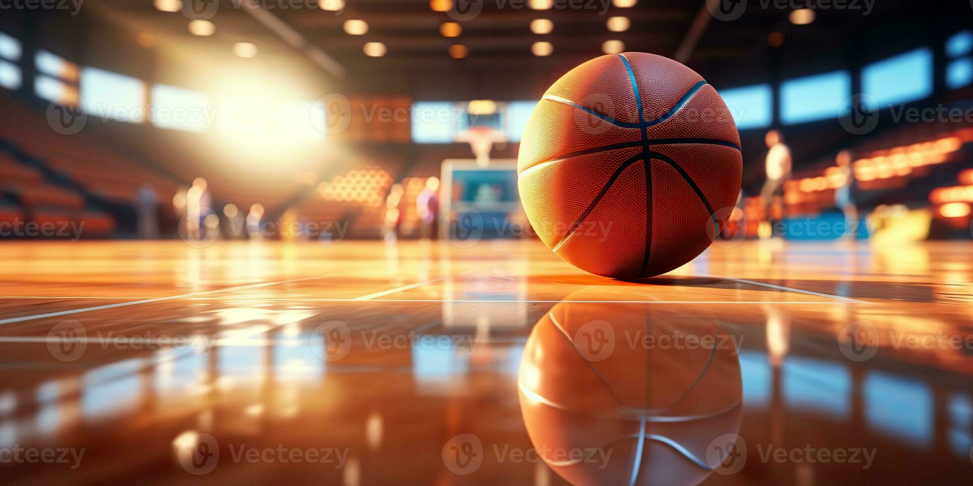 ai genererad. ai generativ. basketboll spel sport arena stadion domstol på strålkastare med korg boll på golv. grafisk konst foto