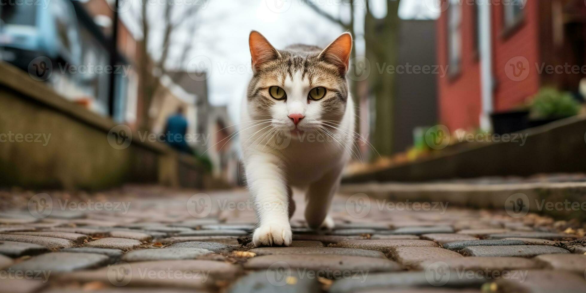 ai genererad. ai generativ. ett ensam katt sällskapsdjur gående gata stad urban bakgrund. grafisk konst foto