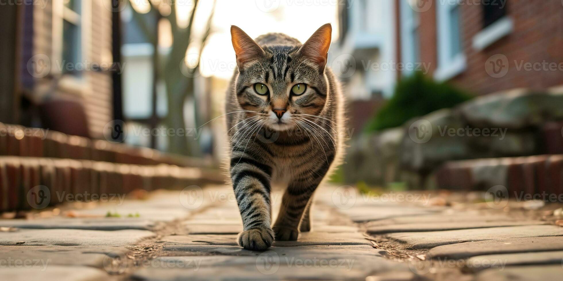 ai genererad. ai generativ. ett ensam katt sällskapsdjur gående gata stad urban bakgrund. grafisk konst foto