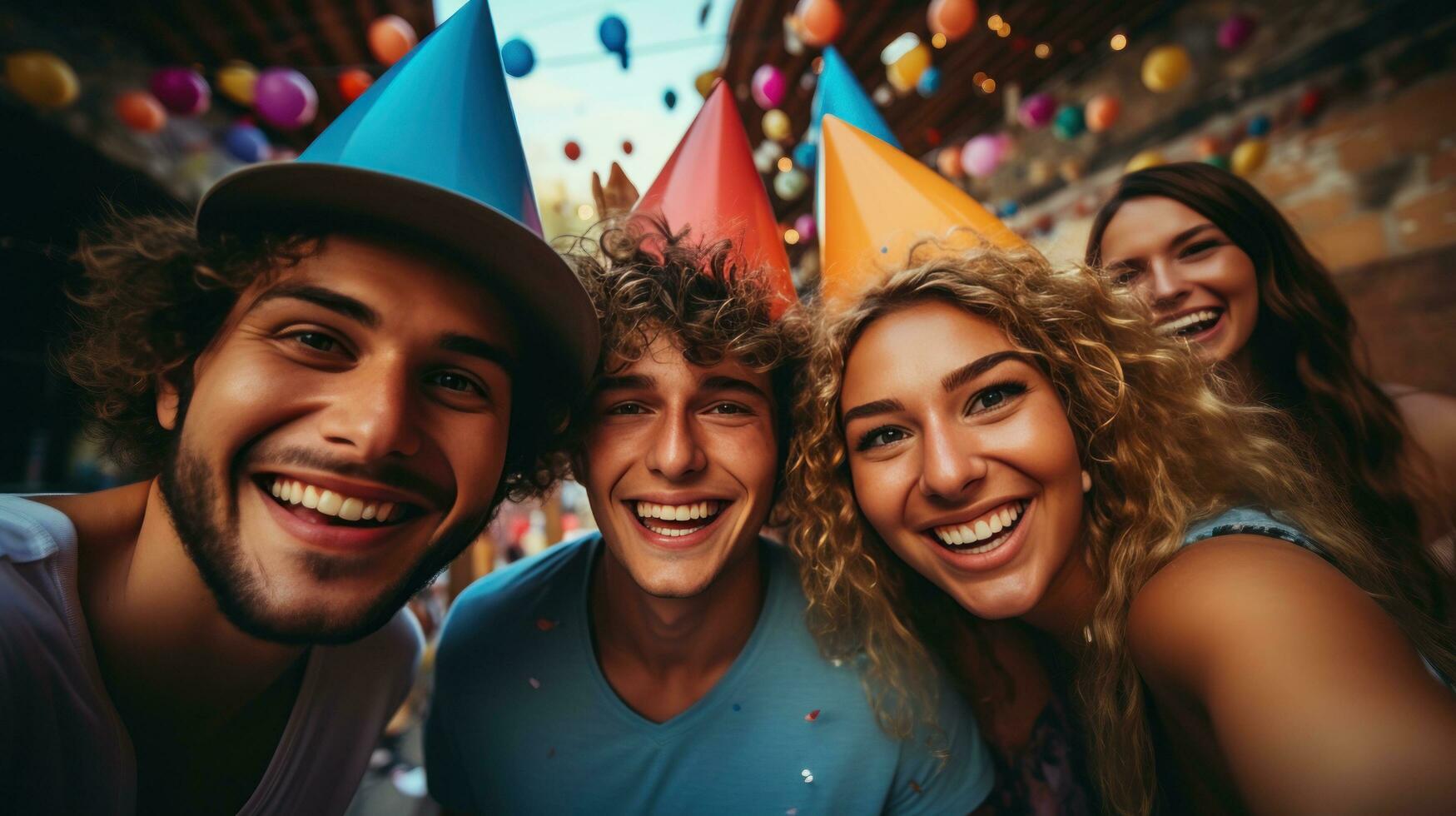 vänner tar en selfie med fest hattar foto