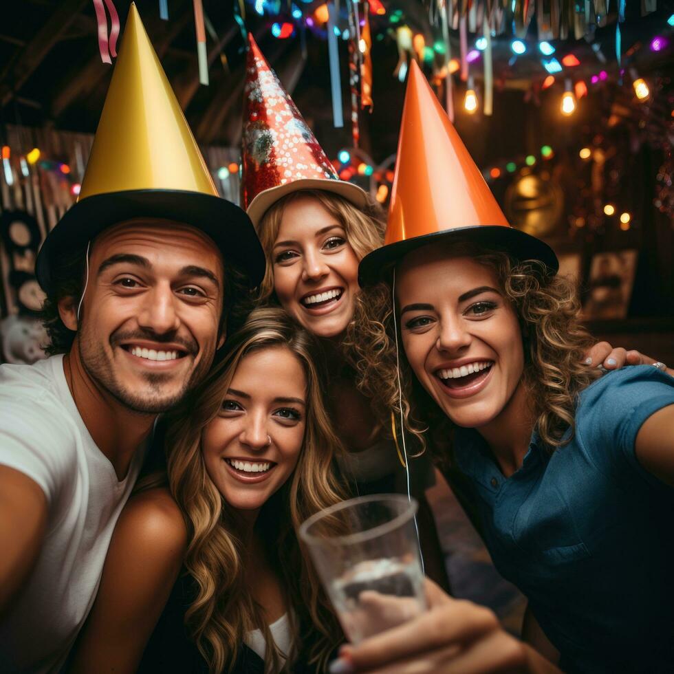 vänner tar en selfie med fest hattar foto