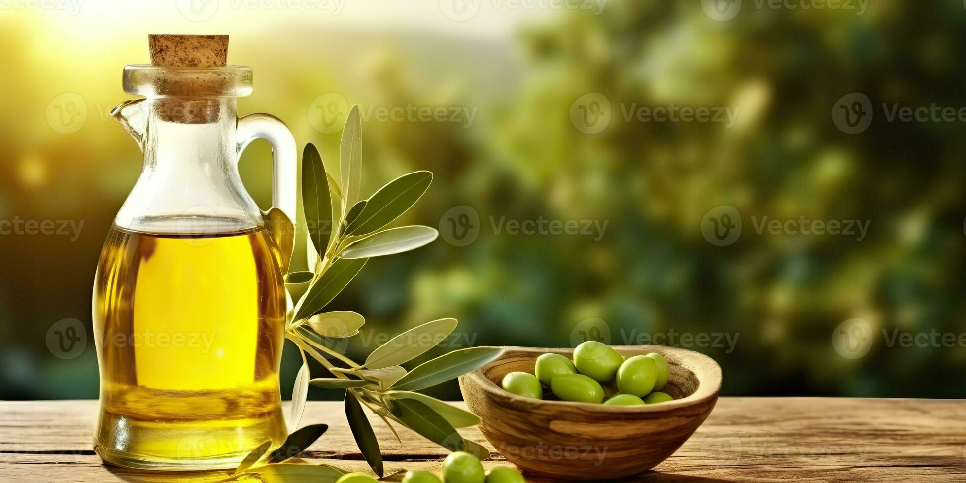 ai genererad. ai generativ. oliv olja på trä- bakgrund tabell natur utomhus- falsk upp dekoration. grafisk konst foto