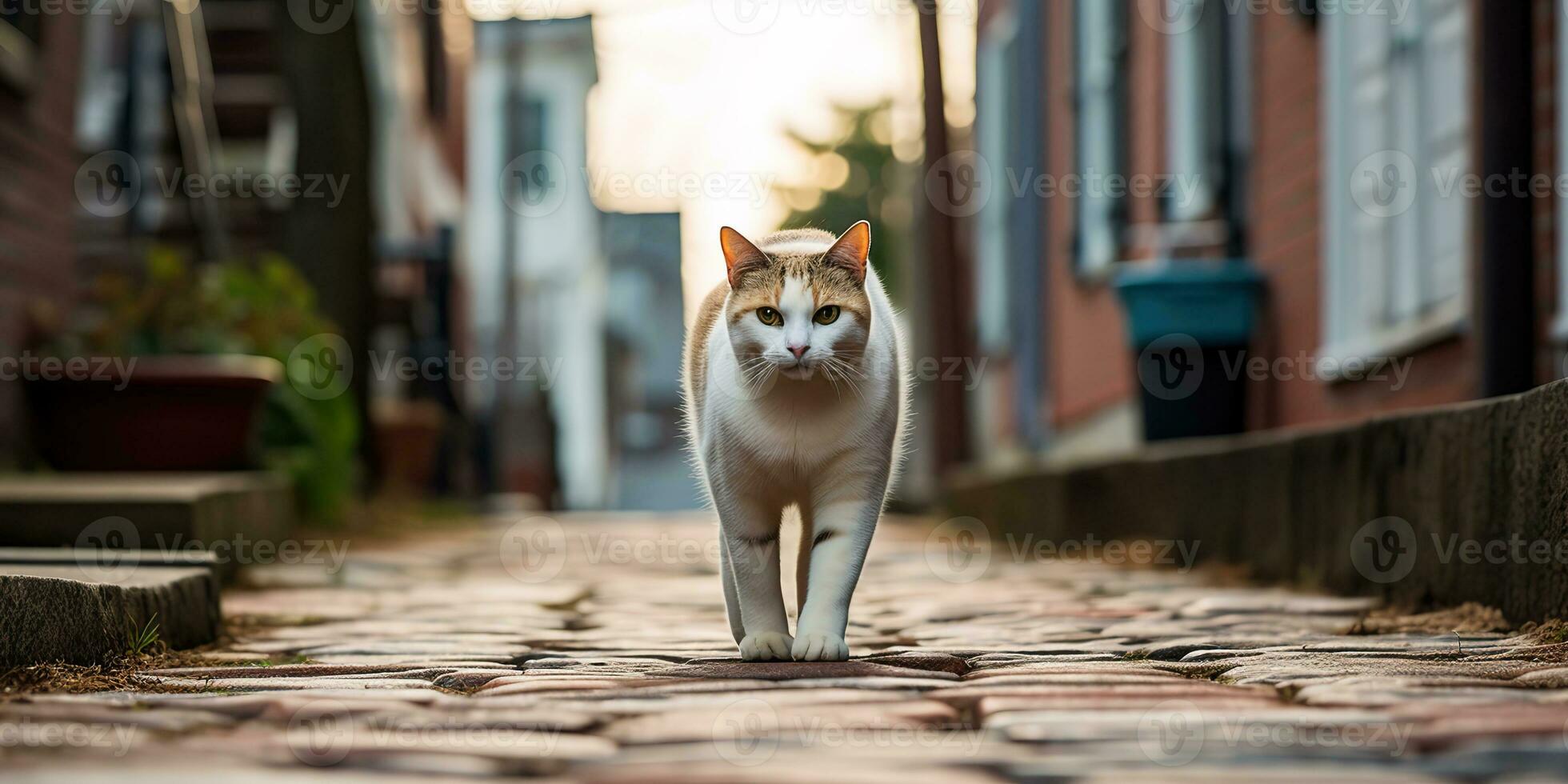 ai genererad. ai generativ. ett ensam katt sällskapsdjur gående gata stad urban bakgrund. grafisk konst foto