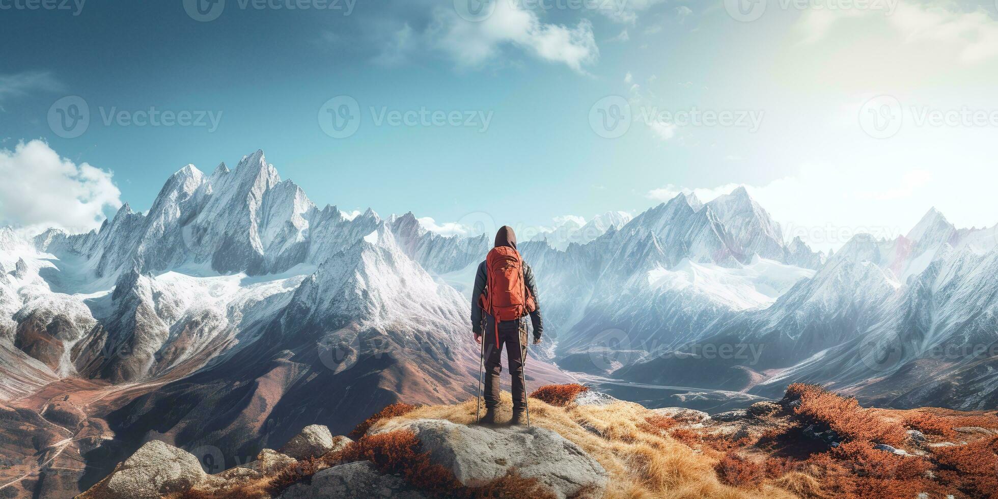 ai genererad. ai generativ. backpacker ensam man på hög topp berg äventyr utomhus- natur inspiration bakgrund. grafisk konst foto