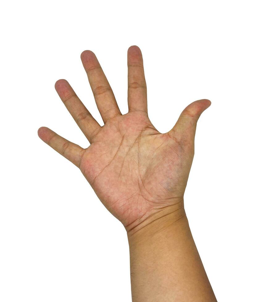 rätt handflatan hand av en ung asiatisk man med spridning fingrar, stänga upp med hand linje kiromanti. isolerat på vit bakgrund, lätt Välj och ta bort bakgrunder, slapping slag hand foto