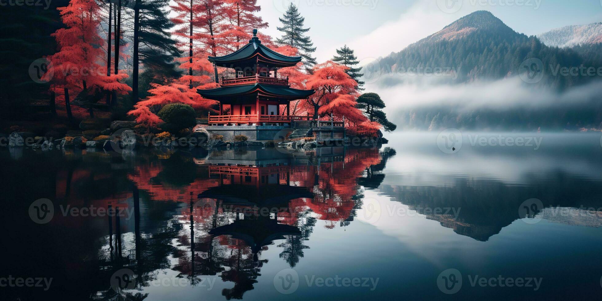 ai genererad. ai generativ. traditionell historia asiatisk japansk kinesisk tempel byggnad torn trädgård natur utomhus- bakgrund. grafisk konst foto